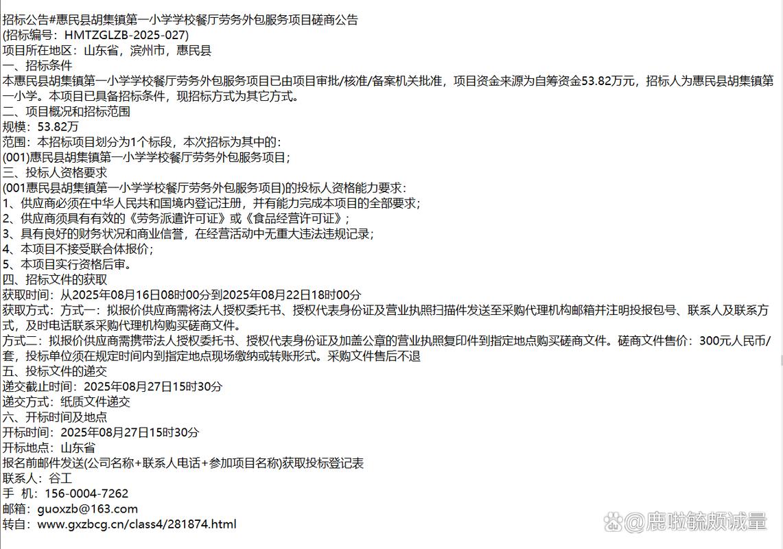 惠民县胡集镇第一小学学校餐厅劳务外包服务项目磋商公告